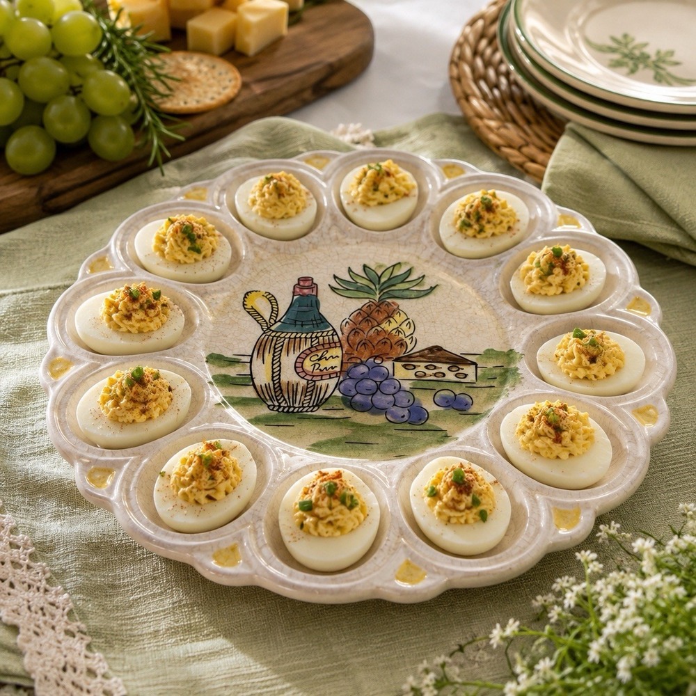 Vintage Ceramic Deviled Egg Platter 12 Egg Wine Cheese Grapes 9.25"